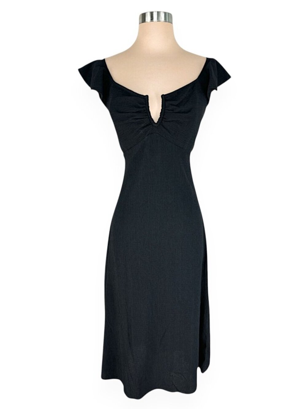 Max Studio Black Crinkle Jersey Wired V Neck Empire Flutter Sleeve Dress NWT M